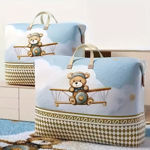 TEMU 오버사이즈 만화 곰과 비행기 이동 가방 - 내구성 있는 방진 보관백, 담요·옷·장난감 수납에 적합 - 여행, 집 이사 및 일상 정리에 이상적인 대용량 스토리지 백