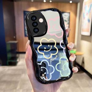 TEMU 폰 케이스: 컬러 스마일 플라워 메이크업 미러 웨이브 프레임 갤럭시 A25 M54 F54 A55 A35 S22+ 울트라 A12 M12 F12 A06 S25 플러스 S24 FE A16 A26 A36 A56 A23 5G 소프트 TPU 충격 방지 보호 커버