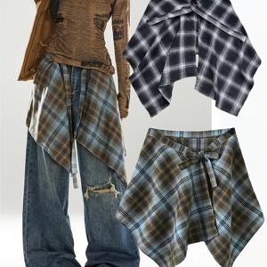 TEMU 2개 스트리트웨어 페이크 셔츠 밑단 세트 - 원피스 타이 허리, 슬림 체크 레이어링 액세서리 (후드티 & 스커트용), 남녀공용, 올 시즌, 레귤러 길이, 레이스업 디테일, A라인 밑단, No, 캐주얼 스트리트웨어|슬림핏 스커트|레이스업 디테일, 스트리트웨어 스커트