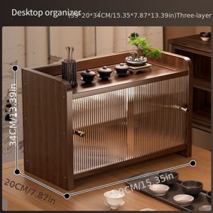 TEMU 빈티지 나무 유리 수납 캐비닛 (다중 선반 포함) - 러스틱 레드 원목 수납 상자 (화장품, 기념품, 장식용), 장식용 레이스 트림 및 유리 문이 있는 데스크탑 수납 캐비닛