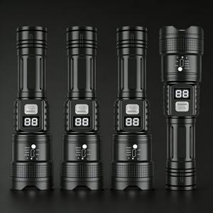 TEMU 4개 세트 충전식 고출력 LED 플래시라이트, 줌 가능한 , 초밝은 장거리 전술 작업등. 캠핑, 사냥, 하이킹, 비상용으로 이상적. LCD 디지털 디스플레이 기능, 낚시, 수리, 위기 상황에 완벽. 휴일/크리스마스 선물로 최고