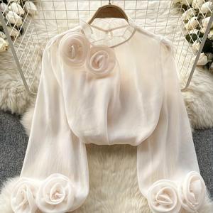 TEMU 프렌치 스타일 3D 플로럴 버블 소매 긴팔 셔츠 7128