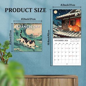 TEMU 2026년 일본 고양이 감성 디자인 접이식 벽걸이 캘린더 플래너 - 12개월 대형 사각 격자 레이아웃, 월별 사진 & 클로저, 생생한 만화 스타일 아트워크
