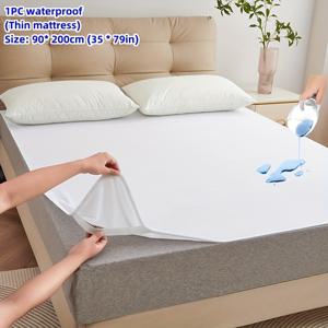 TEMU 세탁기 사용 가능한 얇은 매트리스 보호 커버, 흰색 수건 원단, 방수 기능, 부드럽고 편안한 소재, 기숙사, 침실, 게스트룸에 적합.