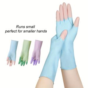 TEMU 3켤레 소프트 터치 라텍스 주방 장갑, 3가지 색상 마카롱 컬러 조합 팩 (색상당 1켤레), 미끄럼 방지 입자 텍스처, 가정 청소, 설거지 및 욕실용, 가벼운 장갑, 사이즈는 작음, 작은 손에 적합