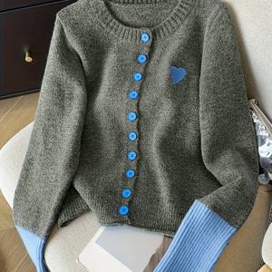 TEMU 여성용 우아한 숏 가디건, 독특한 디자인의 라운드넥과 대비되는 색상의 스프링/가을에 완벽한 제품입니다.