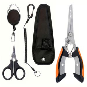 TEMU 스테인리스 스틸 야외 낚시 도구 세트 5종, 휴대용 라인 커터, 수납형 클램프, 랜야드, 훅 플라이어, 미끼 플라이어 포함, 민물·바닷물·사냥용 다용도 세트