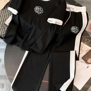 TEMU 2025년 여성 패션 봄/여름 신상 카멜리아 자수 플라워 세트 | 나이 감추는 스타일리시 와이드 레그 팬츠 투피스 세트 | 인플루언서 다재다능 | 스트리트 스타일 바캉스 분위기