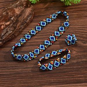 TEMU 핸드메이드 씨드 비드 반지, 팔찌, 목걸이 세트 3종 세트 (여성용). 핸드메이드 씨드 비드 색상은 다를 수 있습니다