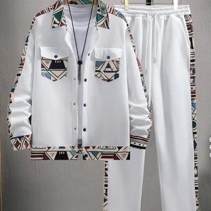 TEMU 남성용 레이어드 디자인의 캐주얼 화이트 재킷, 패치워크 스타일, 프린트 오픈 프론트 재킷 (기하학적 노마드 스타일)과 탄성 허리 드로스트링 팬츠 세트