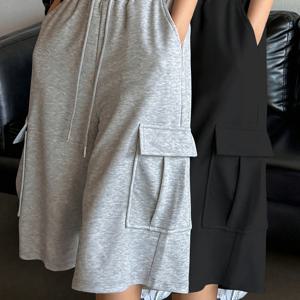 TEMU 여성용 솔리드 컬러 루즈핏 드로스트링 카고 반바지 투피스 세트