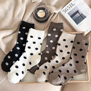 TEMU 여성용 종아리 중간 기장 양말 5켤레 세트, 혼합 색상, 가을/겨울 스타일, 커피 톤 시리즈, 폴카 도트, 흡습성, 보온성, 편안함, 심플함, 빈티지, 활용도 높음, 일상 외출 및 평상시 사용에 적합