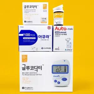 글루코닥터 당뇨측정기+시험지100매+침100+솜100 혈당수치 검사지 공복 식후 당검사지