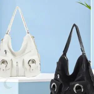 어깨 크로스 투웨이 소프트 원단 가죽 장식 링 디테일 여성 가방 흑백 배색