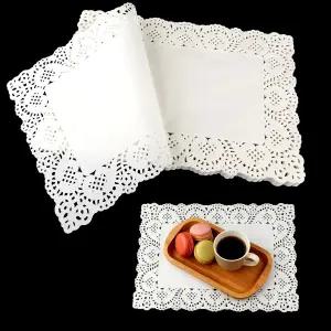직사각형 흰색 종이 도일리 150개 14 x 10 레이스 플레이스 매트 러스틱 일회용 우아한 마감 테이블 패드