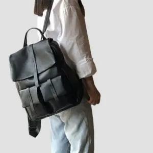 (색상-사이즈 블랙)소가죽 여성 무지 가방 앞 투포켓 책 고급 스트랩 백팩