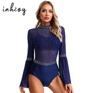 호환상품 여성용 플레어 슬리브 피겨 스케이팅 의상 반짝이는 라인스톤 시스루 메쉬 리듬 체조 바디수트 댄