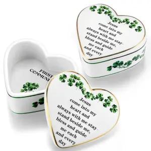 Yaocom 영성체 선물 2개, 아일랜드 토끼풀 도자기 하트 모양 기념품 상자, 세례 확인 주얼리 박스, 아일랜