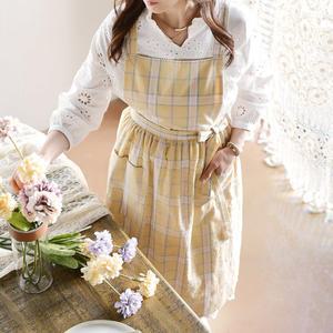 크림옐로우 체크 주름 앞치마