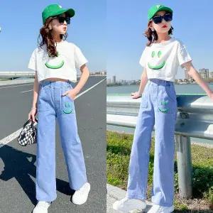 [삐삐네옷가게]여아 주니어 그린스마일 여름 반팔 크롭 와이드 데님 상하