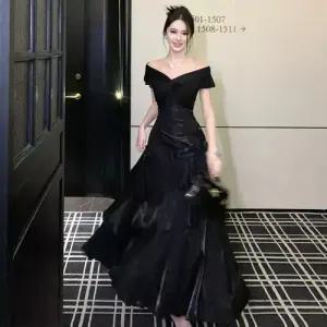 여성 봄원피스 하객 프렌치 블랙 일자 숄더 원피스 파티 드레스 머메이드 스커트 힛템