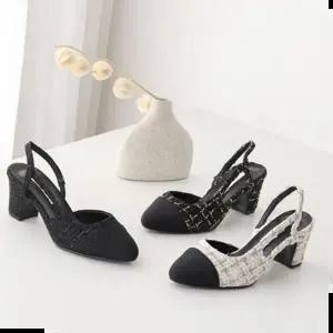 슬링백힐 국내제작 투톤 배색 트위드 하객 통굽 슬링백 미들힐