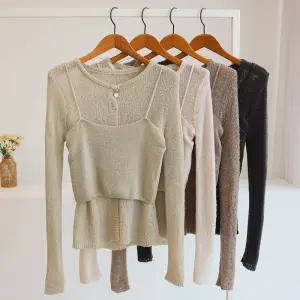 [잇수다] (SET) 포에벗 시스루 라운드 봄 니트 가디건 + 뷔스티에 조끼 세트