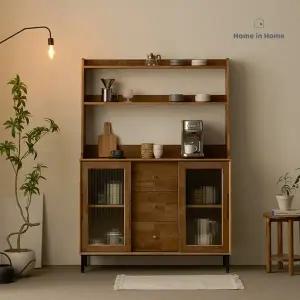 [홈인홈]시나몬 모루유리 원목 슬라이드 3단 서랍 수납장 1200 선반장 세트_E246