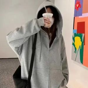 [퍼니메이커]여자 대학생 캐주얼 집업 후드 점퍼 간절기 캠퍼스 룩 봄잠바오버핏후드집업 회색후드티무지후