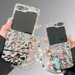 유니블링 갤럭시 z플립 6 5 4 3 유광 실버 물결 스트랩 케이스