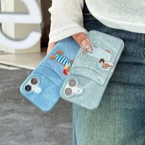 유니블링 아이폰 16 15 14 13 12 강아지 자수 데님 카드 케이스