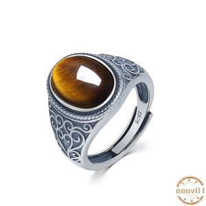 S925 순은 타원 호안석 세팅 빈티지 오픈링 반지 남녀 공용 써지컬 반지 건강 용기 재복