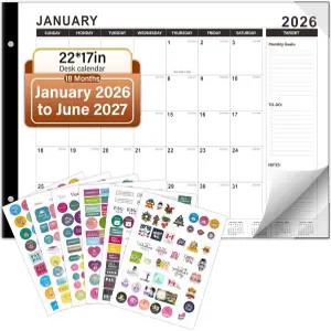 2026-2027 탁상용 달력 월간 탁상 패드 2026년 1월부터 2027년 6월까지 18개월간 진행되며 22 x17 초대형