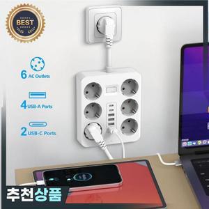 6개의 AC 콘센트 4개의 USB 포트 2개의 타입-C EU 플러그 충전기 가정용 전원 스트립 소켓용 전기 스위치가