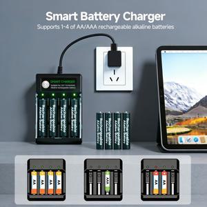 AA 1.5V 충전식 알카라인 배터리용 스마트 충전기, 독립 안전 4슬롯, USB-A 케이블, 커버 포함