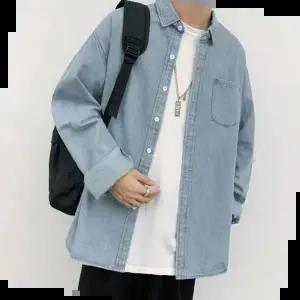 베이지남방 남자 대학생 학생 레이어드 패션 데님 스트릿 스타일 청 셔츠