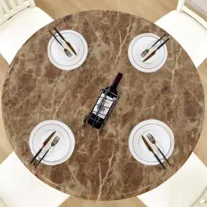 LUSHVIDA 원형 방수 테이블 커버 신축성 비닐 맞춤 테이블보 가장자리 플라스틱 테이블보(갈색 대리석 최대
