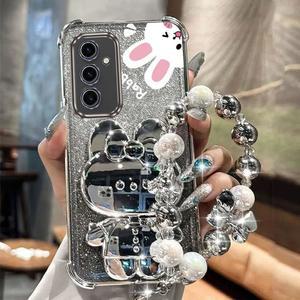 S 25 에어백 반짝이 거울 토끼 전화 홀더 케이스 삼성 안티 뒷면 S24 S25 노크 커버 갤럭시 울트라 FE S23 플러스 스탠드