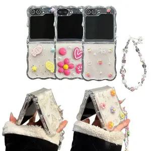 유니블링 갤럭시z플립 꽃 레진 데코덴 투명 물결 스트랩 케이스