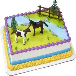 DecoSet 말 케이크 토퍼 울타리 나무가 있는 5피스 세트 장식 말을 테마로 한 생일 축하 행사 식품