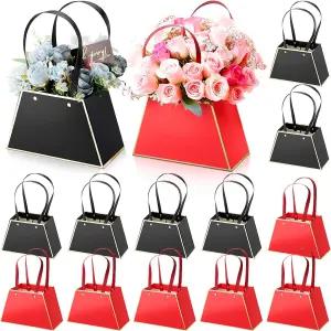결혼식 생일 졸업식을 위한 푸트레오 12개 발렌타인데이 꽃 선물 가방 휴대용 공예 꽃꽂이 상자 손잡이