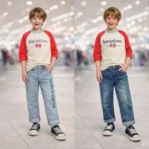 [갤러리아] 베네통키즈 26SS 라글란티셔츠데님팬츠세트 QATS02611/QADP01611RD