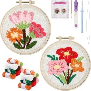 오저스벅 1세트 펀치 니들 자수 스타터 키트에는 패턴이 있는 펀칭 니들링 원단 실 후프 바느질 바늘 초보