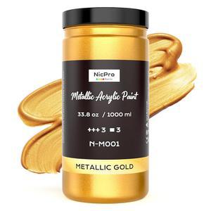 페인트 패브릭, 금속, 목재, 대형 변색 아크릴 수공예품, 페인트, 무독성, 회화용 메탈릭 다목적, 금박 미술 골드, 33.8온스/1000ml 방지, 캔버스, 이상적입니다 가구에 점토, 니크프로