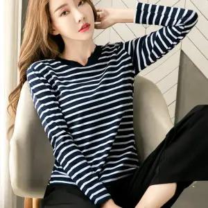 여성 봄~가을 STRIPE 스트라이프 라인 V넥 긴팔 티셔츠 면 셔츠 라운드 티셔츠 3칼라1/