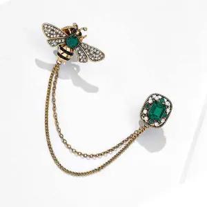 에메랄드 그린 비 꿀벌 체인 진주 더블 옷핀 브로치