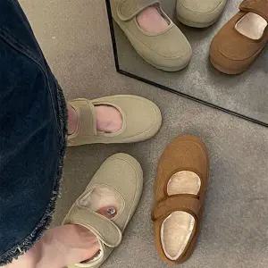 여성 스트랩 FUR안감 레더 플랫슈즈