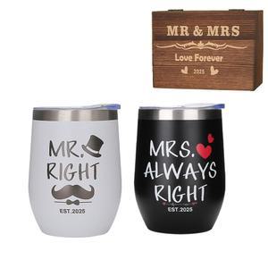 미스터 라이트 부부 컵 세트, 나무 선물 상자, 단열 스테인리스 스틸, 커플을 위한 선물, 신부 샤워 크리스마스 블랙 MRS & 화이트 MR
