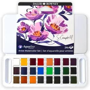 달러-로니 아쿠아파인 수채화 물감 세트 셰이다 캠벨 아티스트 팔레트 플라스틱 여행 하프 팬 24개 다양한