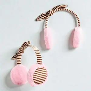 (핑크) 겨울 방한 털귀마개 스트라이프 리본 귀마개 헤어밴드
